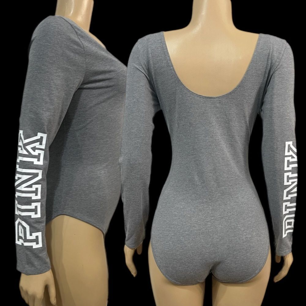 Victorias Secret Pink Cotton Long Sleeve Bodysuit Pink Logo Gray Large